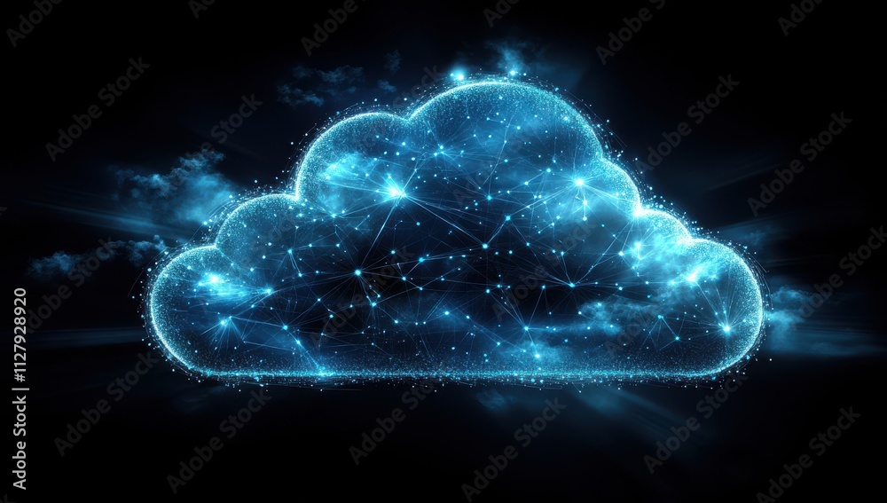 Poster futuristic cloud computing technology concept with starry network connections and glowing particles 