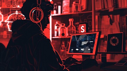 Mysterious Silhouetted Hacker Infiltrating Secured Digital Network with Red Ominous Lighting on Computer Screens and Devices