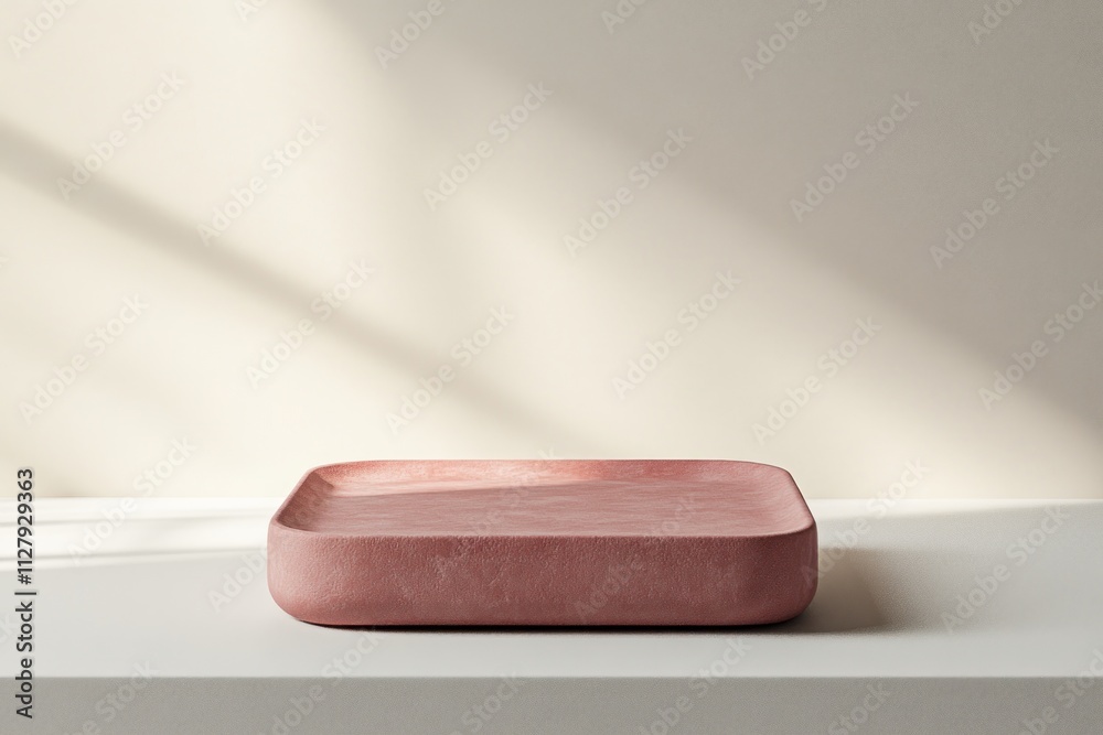 Aufkleber pink square platform on white surface with sunlight.