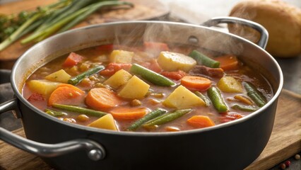 A closeup of a simmering pot of hearty vegetable stew the rich and velvety broth infused with es. Chunks of potatoes carrots and green beans peek through the bubbling surface