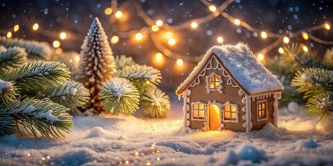Enchanted Winter Scene with Illuminated Gingerbread House and Snowy Evergreens