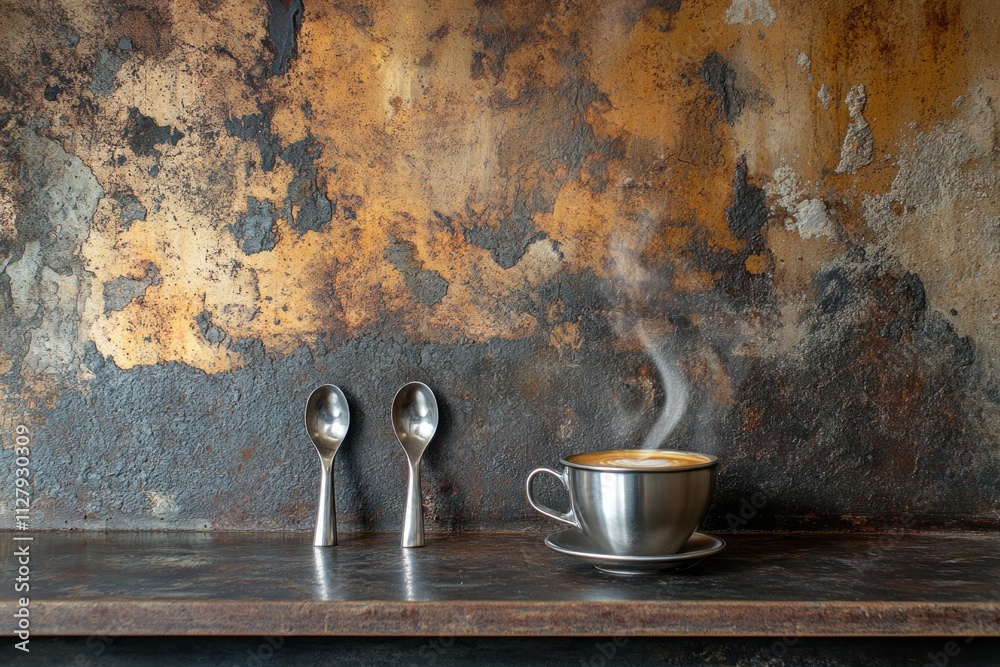 Aufkleber steaming coffee cup and spoons on rustic surface.
