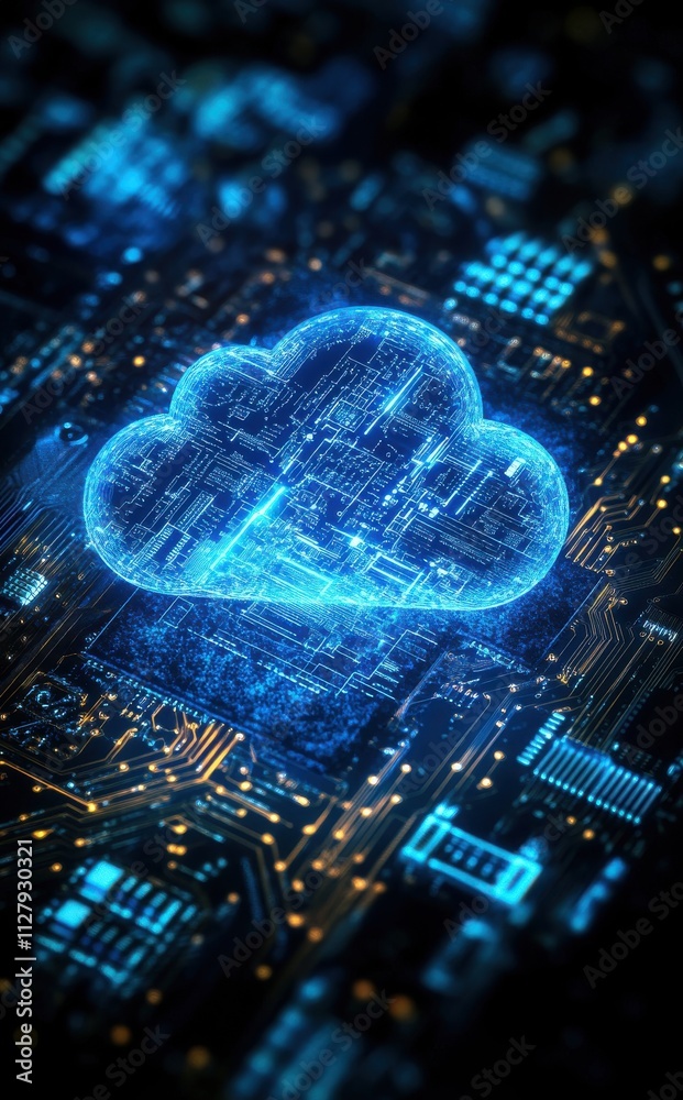 Poster futuristic digital cloud computing concept over electronic circuit board with neon lights and techno