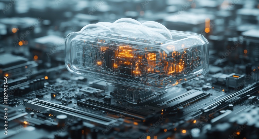 Poster futuristic digital cloud computing concept overlaid on a circuit board with glowing elements, symbol