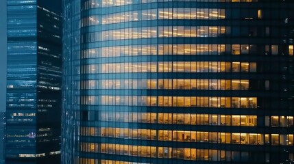 Obraz premium blinking office windows lights, high-rise glass skyscraper business building in city downtown, work non-stop, turn on and off, endless work without breaks