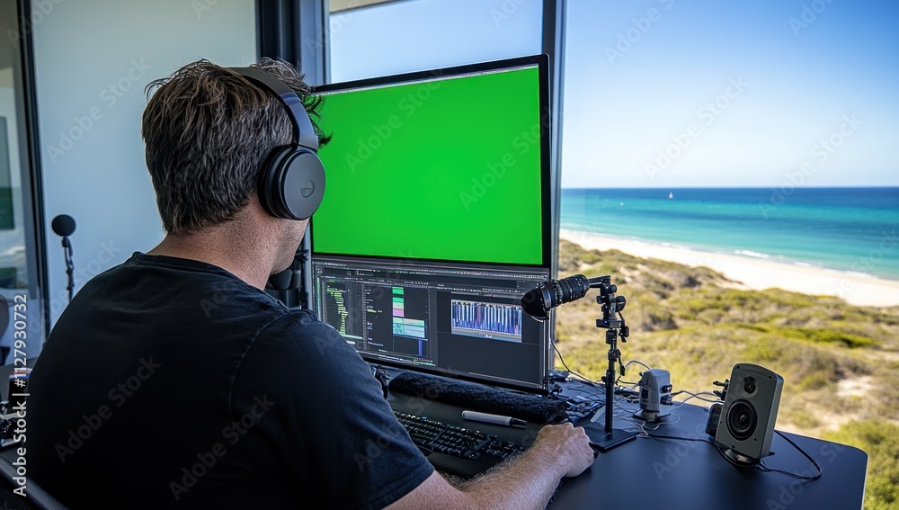 Poster man editing video with green screen, ocean view.