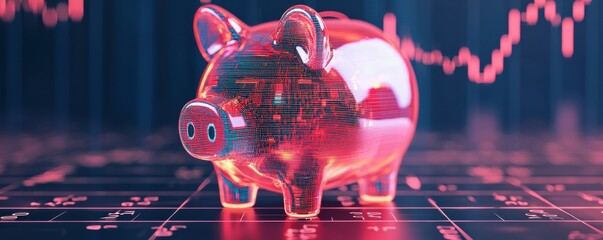A vibrant digital piggy bank symbolizes savings, finance, and investment, set against a backdrop of fluctuating financial graphs.