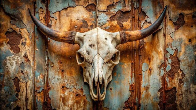 Rustic bovine skull mounted on weathered, decaying metal surface