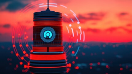 Naklejka premium A futuristic tower with glowing red elements and a digital display, set against a vibrant sunset sky, symbolizes technology and innovation.