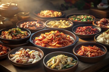 Obraz premium A variety of colorful dishes displayed in bowls, showcasing a feast of flavors and textures.