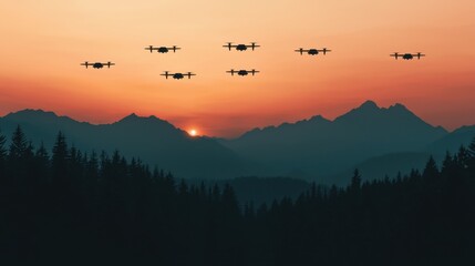 Drones fly in formation against a vibrant sunset backdrop with mountains and forests, showcasing technology's blend with nature.