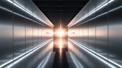 Fototapeta premium A futuristic silver hallway with a glowing light at the end,silver hallway with a bright light at the end,Empty silver futuristic corridor with a glowing light in the distance