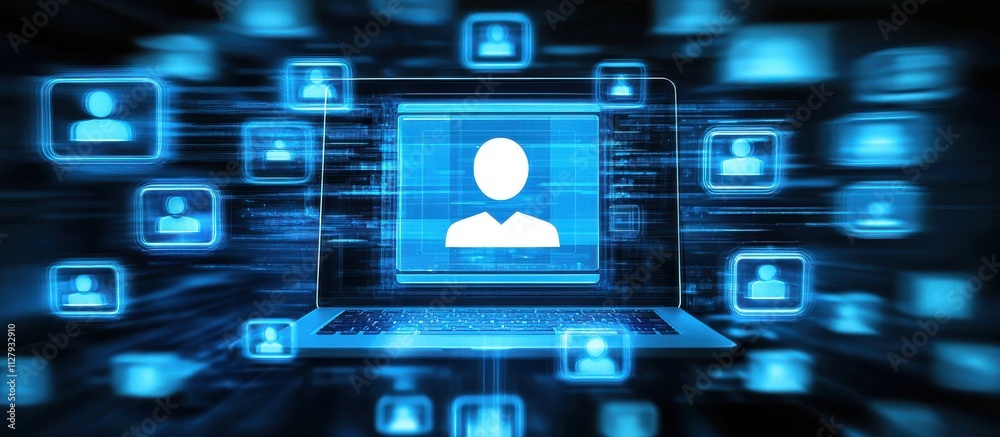 Poster futuristic digital network interface showing user profile on laptop screen with streaming data and c