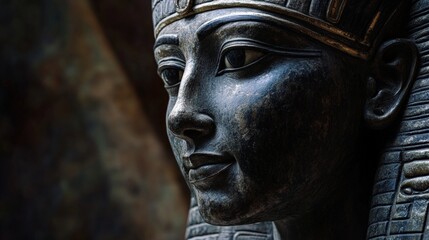 Dark pharaoh statue, regal profile, ancient detail.