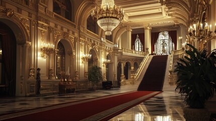Fototapeta premium Grand opulent palace interior, ornate staircase, red carpet.
