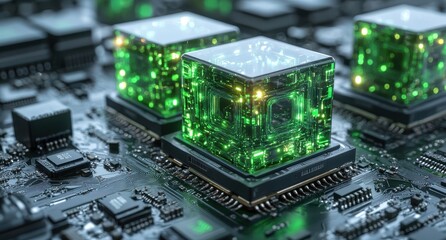 Fototapeta premium Futuristic Green Illuminated Microchips on a High-Tech Circuit Board Showcasing Advanced Technology and Innovation in Electronics and Computing