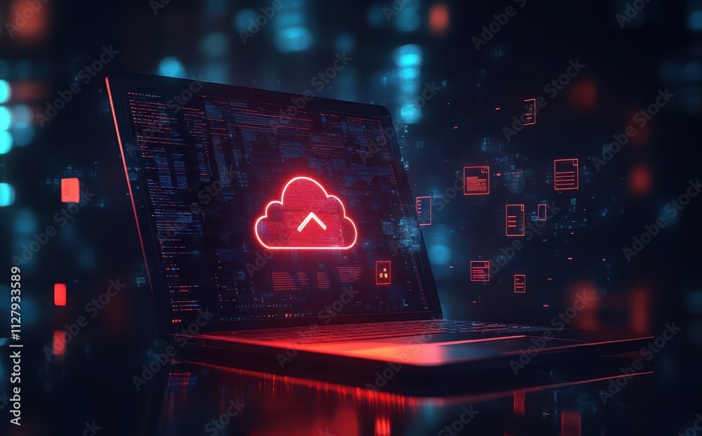 Poster futuristic laptop displaying glowing cloud icon on screen, symbolizing data upload, digital technolo