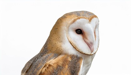 Close-up of a barn owl against a white background.