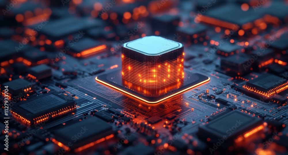 Poster futuristic microchip surrounded by a complex circuit board with glowing orange highlights and dark b