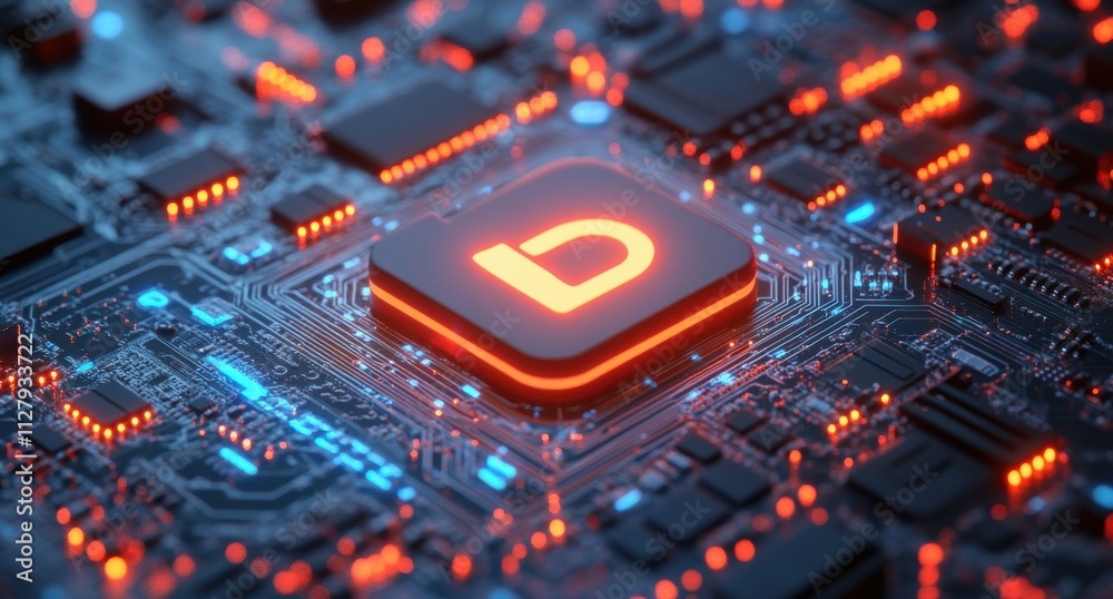 Poster futuristic microchip with neon lights displaying letter d on circuit board, technology background fe