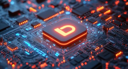 Fototapeta premium Futuristic Microchip with Neon Lights Displaying Letter D on Circuit Board, Technology Background Featuring Glowing Components and Complex Patterns