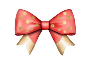 A festive red bow with gold polka dots and cream-colored tails, perfect for gift wrapping or holiday decorations.