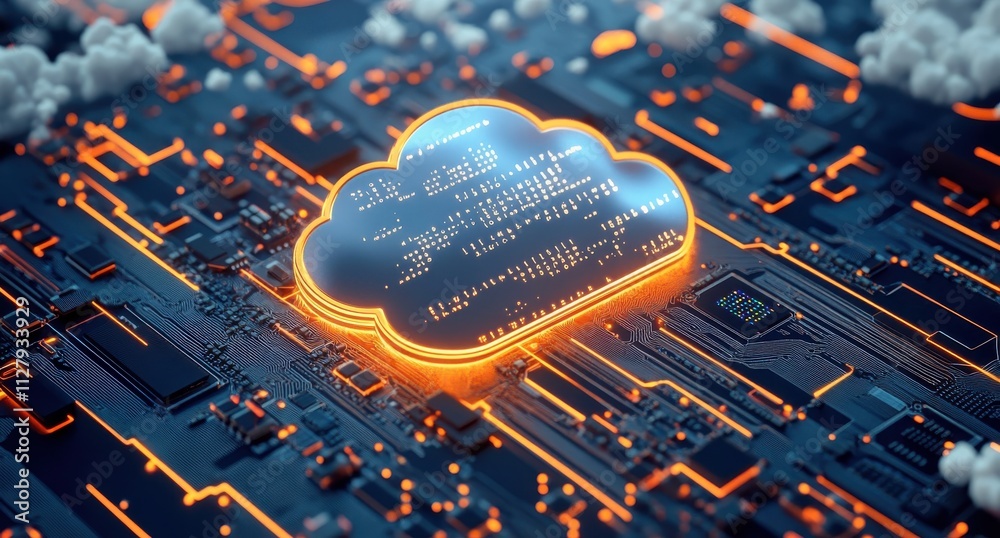 Poster futuristic representation of cloud computing with neon elements on a digital circuit board, showcasi