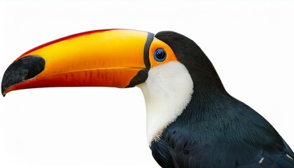 Naklejka premium Close-up of a vibrant toucan with a large, colorful beak against a white background.