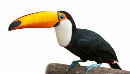 Naklejka premium Vibrant toucan perched on a branch, showcasing its striking colors against a white background.