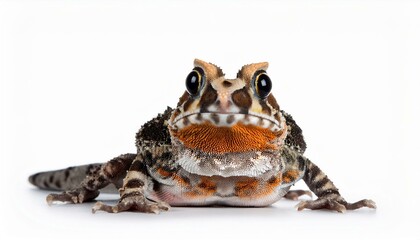 Close-up of a vibrant frog with striking orange and brown markings against a stark white background.