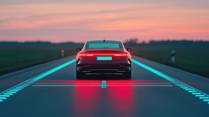 Fototapeta premium A sleek car drives down a modern road, illuminated by vibrant lines and a stunning sunset backdrop, embodying technology and freedom.