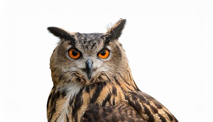 Close-up of a majestic owl with piercing orange eyes against a white background.
