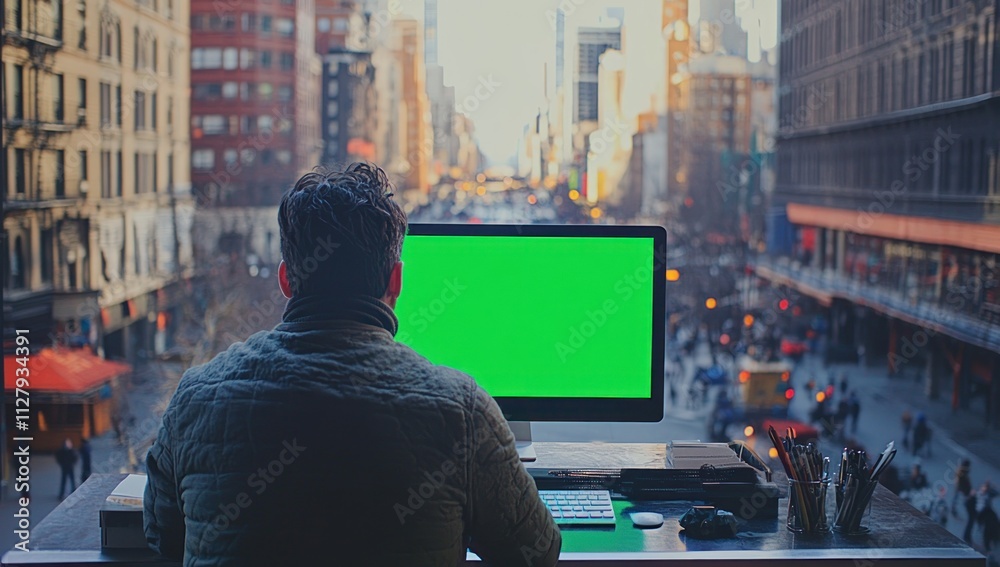 Poster man working on computer with green screen overlooking city street.
