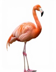 Fototapeta premium A vibrant flamingo stands majestically against a pure white background.