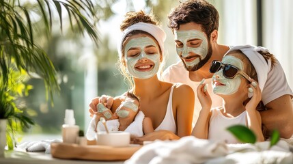 Happy family applying face masks together at home.