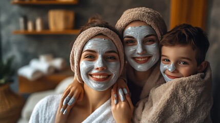 A family having a DIY spa day, complete with face masks, nail painting, and relaxing music.