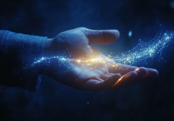 Fototapeta premium Hand Reaching Out with Glowing Particles and Magical Light Effects Against a Dark Background, Symbolizing Creativity and Inspiration in a Digital Age