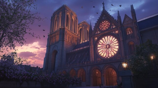 Gothic cathedral, twilight, rose window, flowers.