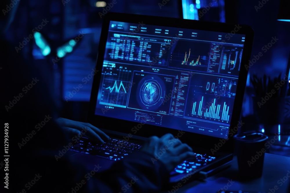 Poster Hacker working on laptop at night, data analysis.