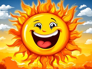 Happy Smiling Sun In A Bright Sky With Clouds