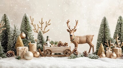 A photograph of a reindeer standing beside a rustic wooden sleigh surrounded by snow covered pine trees decorated with festive ornaments set against a clear background for copy space or text overlay