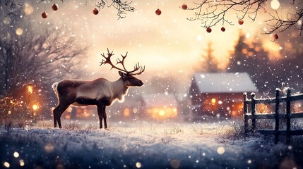 Naklejka premium A photograph of a reindeer standing in a quaint snowy village setting with warm glowing Christmas twinkling in the distance and a peaceful serene atmosphere