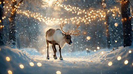 A reindeer peacefully walking along a snow covered forest trail surrounded by the soft glow of twinkling Christmas lights hanging from the tree branches creating a serene and enchanting winter scene