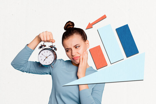 Trend artwork creative sketch 3D photo collage of trader target arrow down goal young woman hand hold clock time business crisis inflation