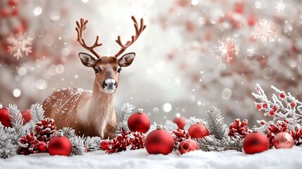 Peaceful reindeer standing in a snowy winter meadow surrounded by snow covered trees and subtle Christmas ornaments with an open sky providing space for text overlay