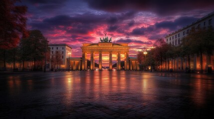 Fototapeta premium Brandenburg Gate, sunset, city street, reflection, dramatic sky.