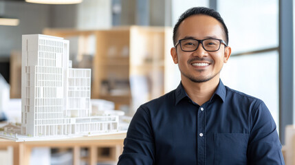 Fototapeta premium Profesional Indonesian architect in modern office next to architectural model of a building