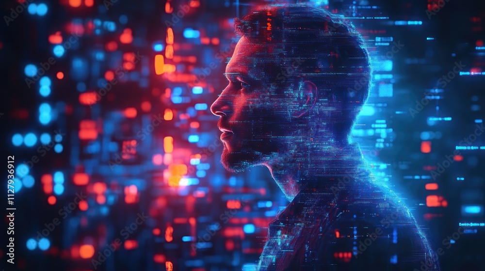 Poster ai cyber security analysis portrait of a black male it specialist in a dark environment with digital