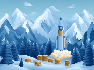 Rocket Launching Over Snowy Mountains With Coin Stacks