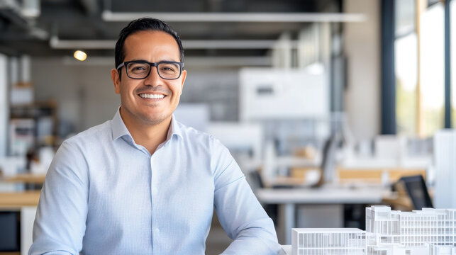 Profesional Hispanic architect in modern office next to architectural model of a building